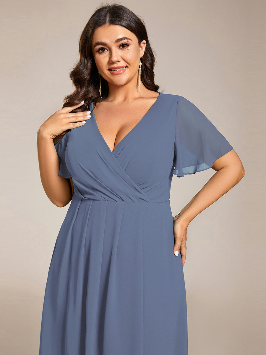 Robe D'invité De Mariage En Mousseline De Soie Mi-Longue Plissée à Manches à Volants Et Col En V #Couleur_Marine Fume