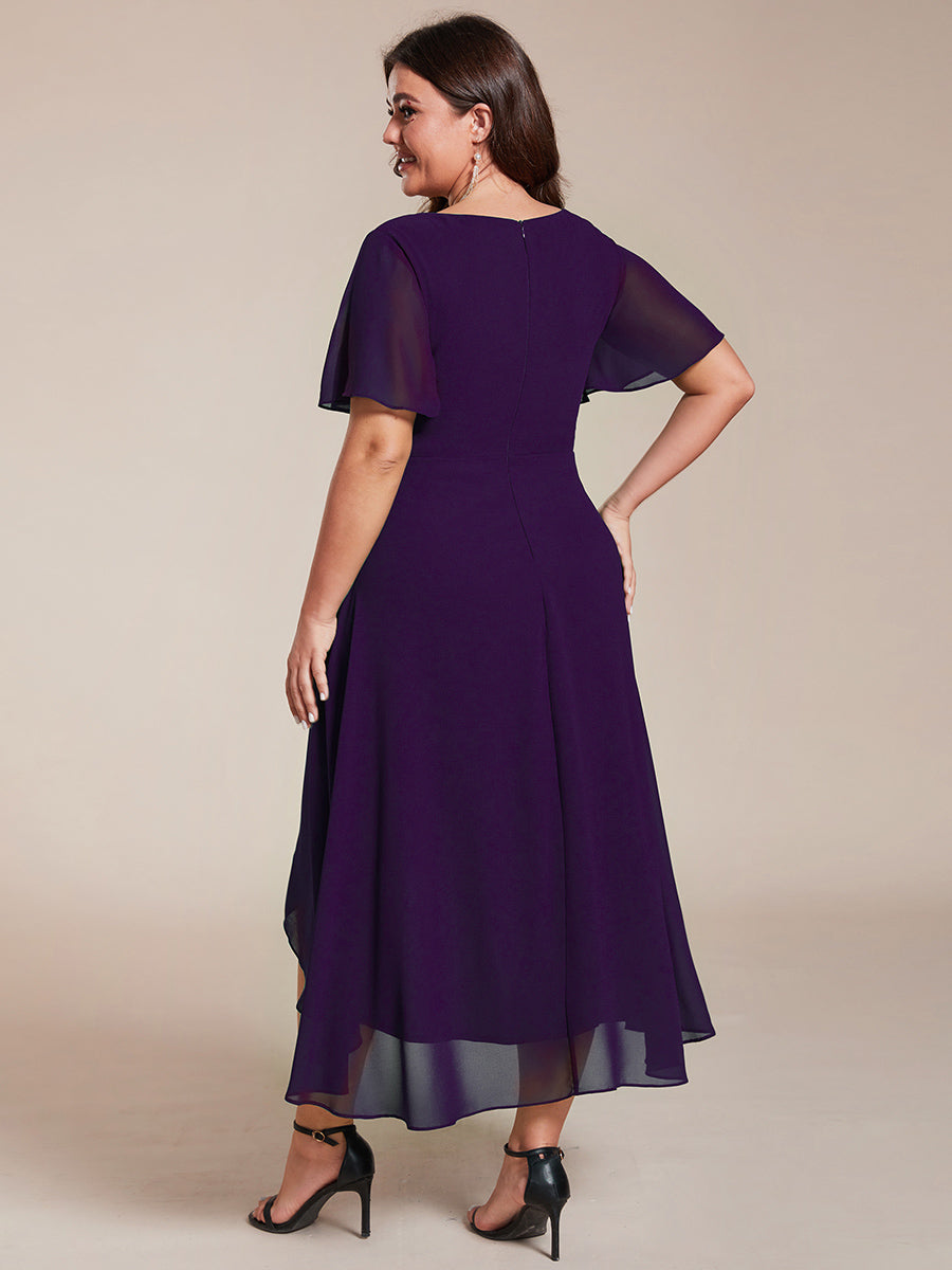 Robe D'invité De Mariage En Mousseline De Soie Mi-Longue Plissée à Manches à Volants Et Col En V #Couleur_Violet Fonce