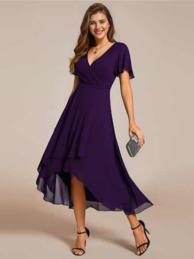 ever LARK | Robe mi-longue plissée en mousseline de soie - Manches à volants & Col en V