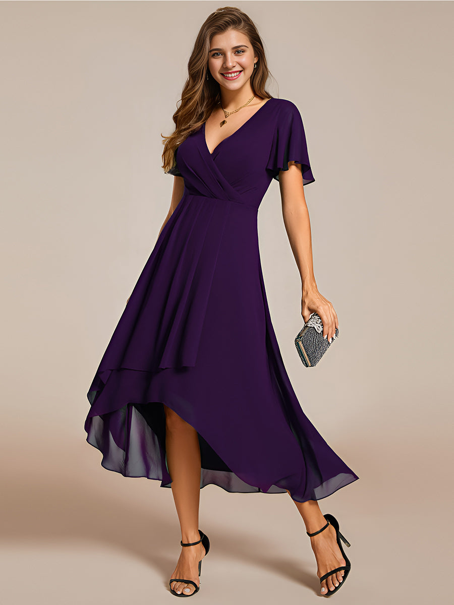 Robe D'invité De Mariage En Mousseline De Soie Mi-Longue Plissée à Manches à Volants Et Col En V #Couleur_Violet Fonce