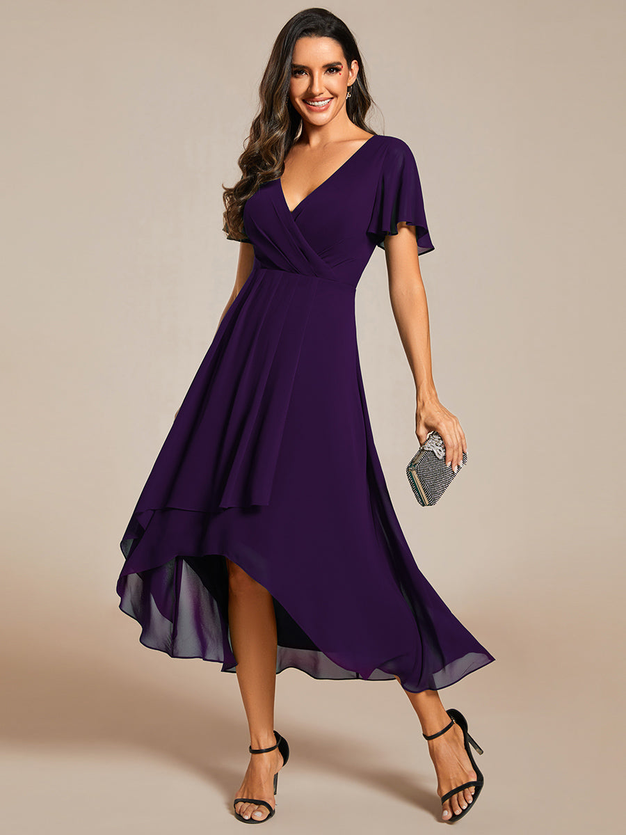 Robe D'invité De Mariage En Mousseline De Soie Mi-Longue Plissée à Manches à Volants Et Col En V #Couleur_Violet Fonce