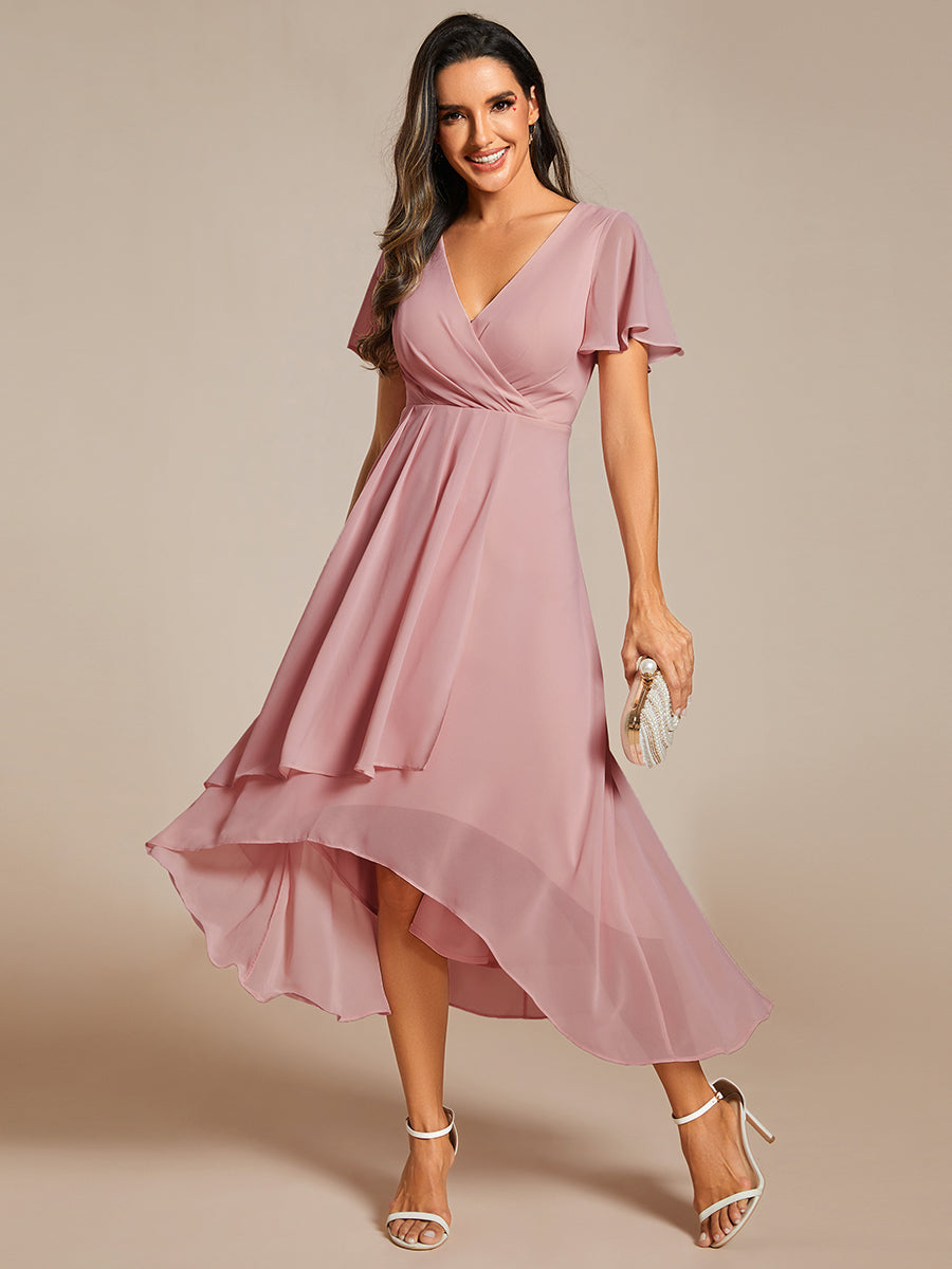 Robe D'invité De Mariage En Mousseline De Soie Mi-Longue Plissée à Manches à Volants Et Col En V #Couleur_Rose fumee