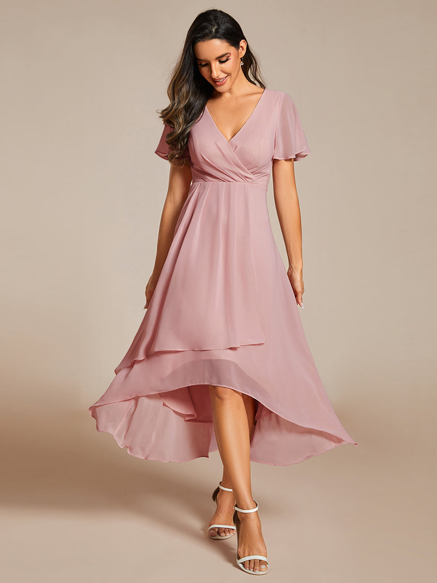 Robe D'invité De Mariage En Mousseline De Soie Mi-Longue Plissée à Manches à Volants Et Col En V #Couleur_Rose fumee