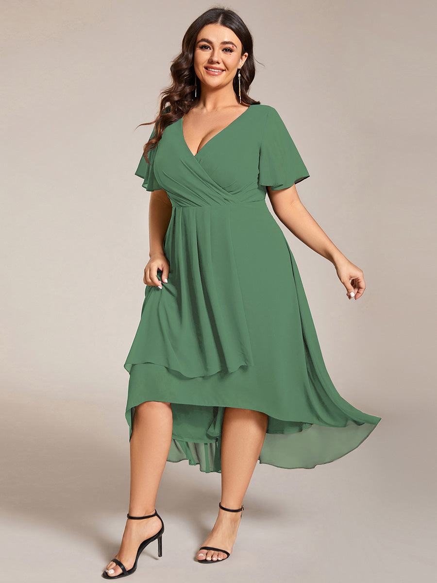 Robe D'invité De Mariage En Mousseline De Soie Mi-Longue Plissée à Manches à Volants Et Col En V #Couleur_Haricot Vert