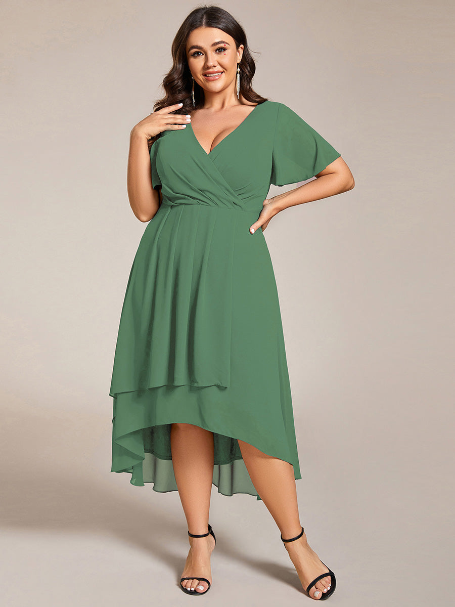 Robe D'invité De Mariage En Mousseline De Soie Mi-Longue Plissée à Manches à Volants Et Col En V #Couleur_Haricot Vert
