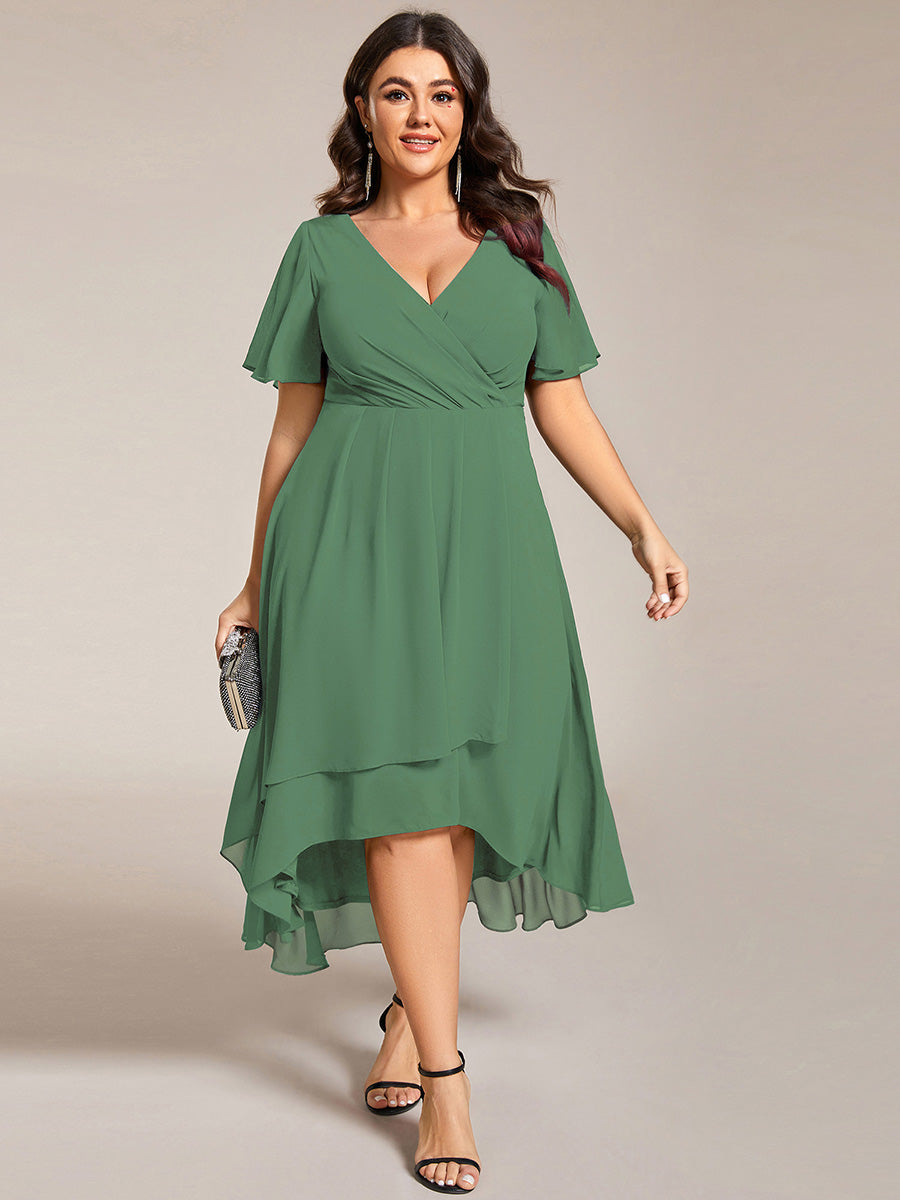 Robe D'invité De Mariage En Mousseline De Soie Mi-Longue Plissée à Manches à Volants Et Col En V #Couleur_Haricot Vert