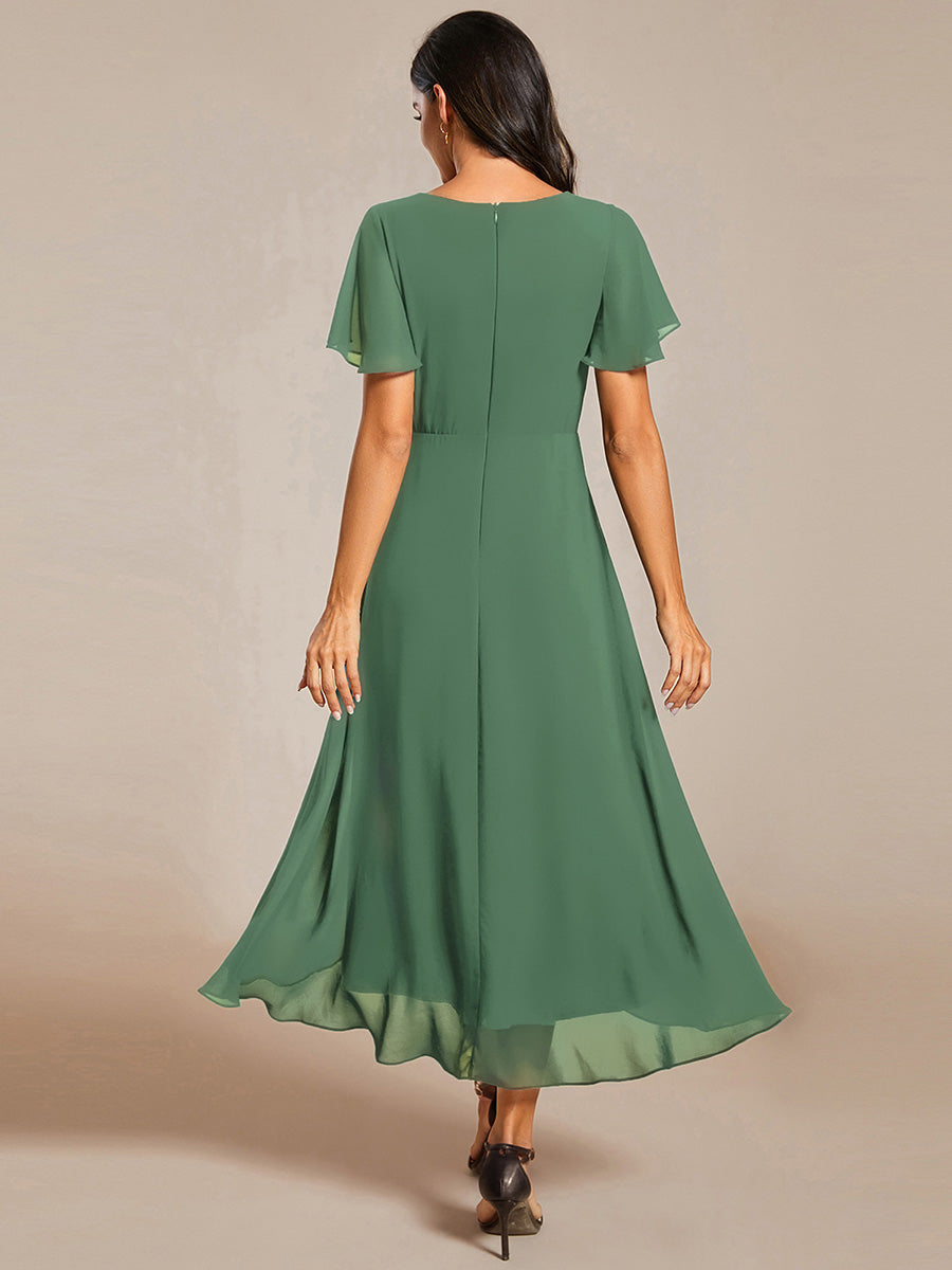 Robe D'invité De Mariage En Mousseline De Soie Mi-Longue Plissée à Manches à Volants Et Col En V #Couleur_Haricot Vert