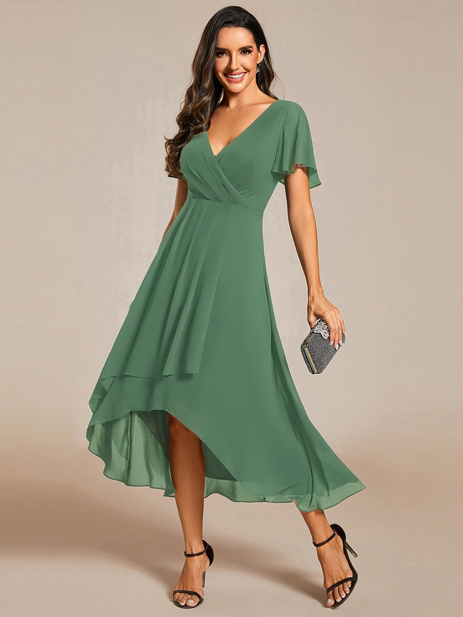 Robe D'invité De Mariage En Mousseline De Soie Mi-Longue Plissée à Manches à Volants Et Col En V #Couleur_Haricot Vert
