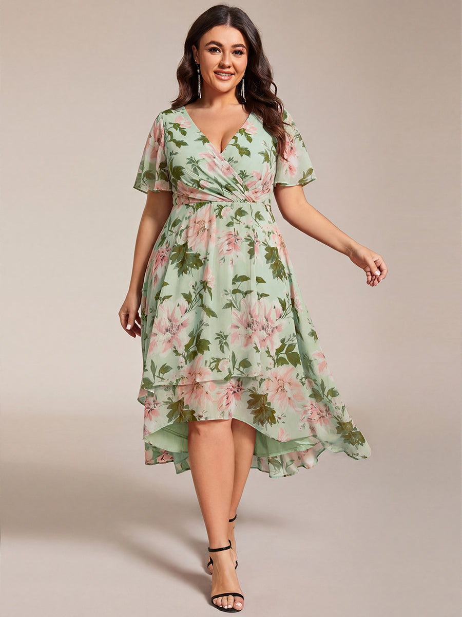 Robe D'invité De Mariage En Mousseline De Soie Mi-Longue Plissée à Manches à Volants Et Col En V #Couleur_Vert clair à fleurs