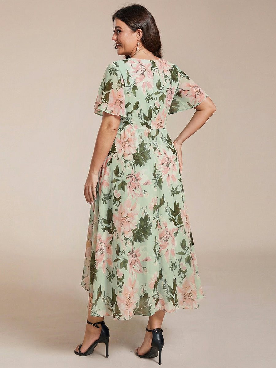 Robe D'invité De Mariage En Mousseline De Soie Mi-Longue Plissée à Manches à Volants Et Col En V #Couleur_Vert clair à fleurs