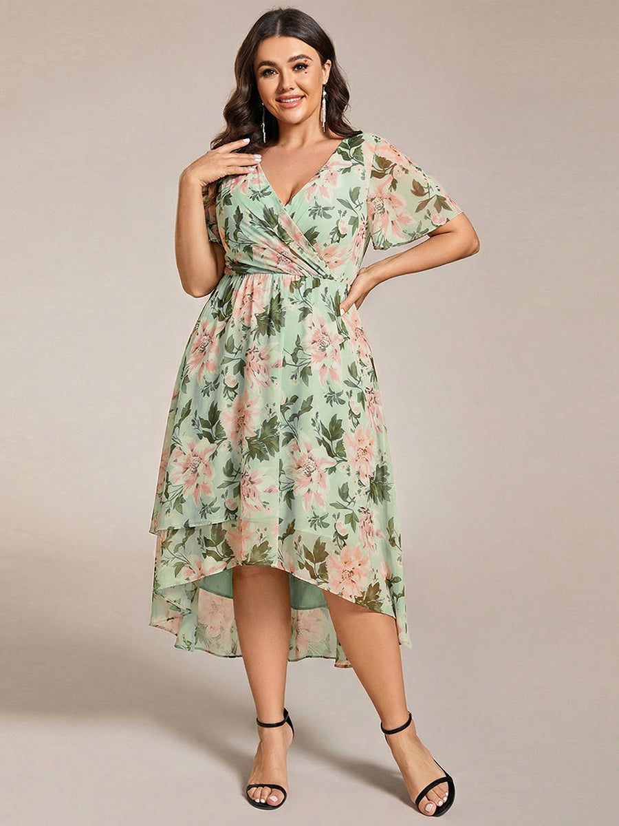 Robe D'invité De Mariage En Mousseline De Soie Mi-Longue Plissée à Manches à Volants Et Col En V #Couleur_Vert clair à fleurs