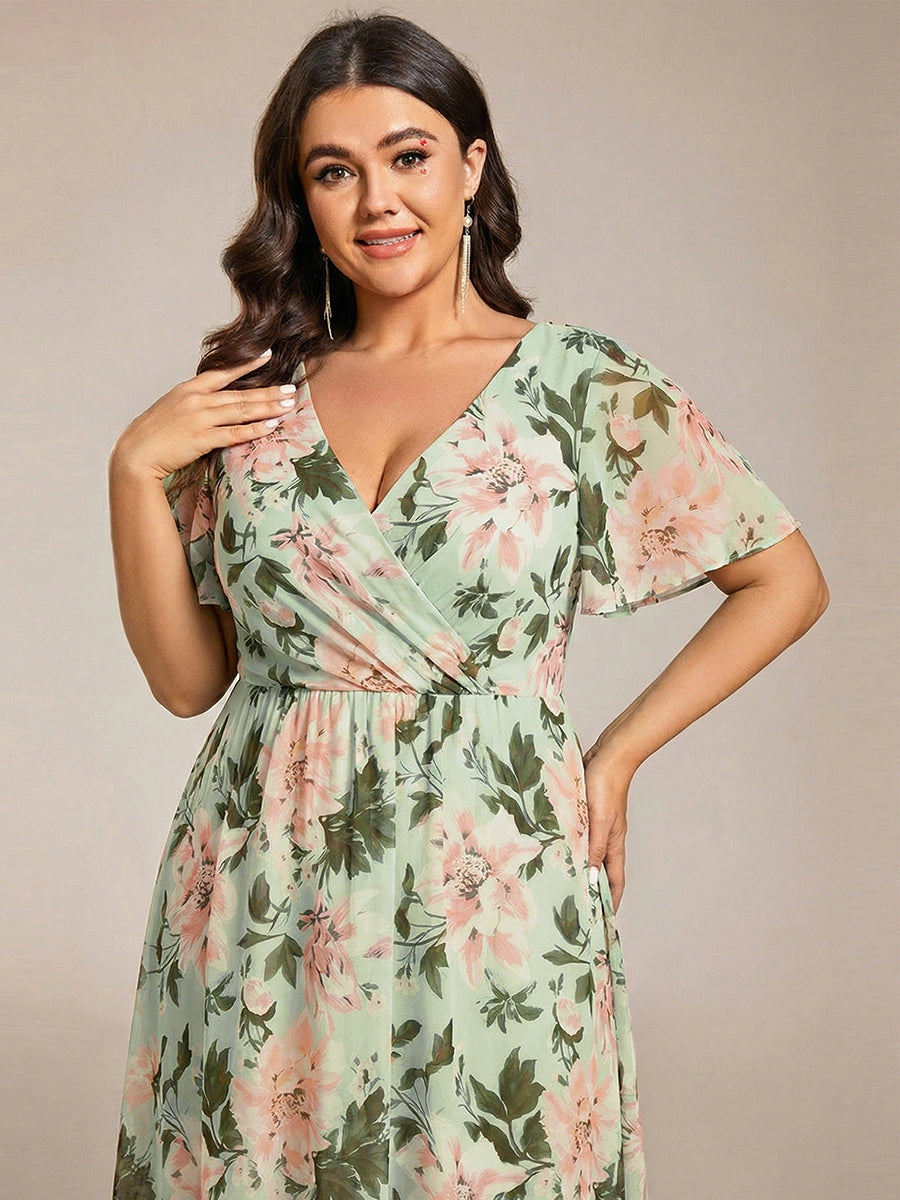 Robe D'invité De Mariage En Mousseline De Soie Mi-Longue Plissée à Manches à Volants Et Col En V #Couleur_Vert clair à fleurs