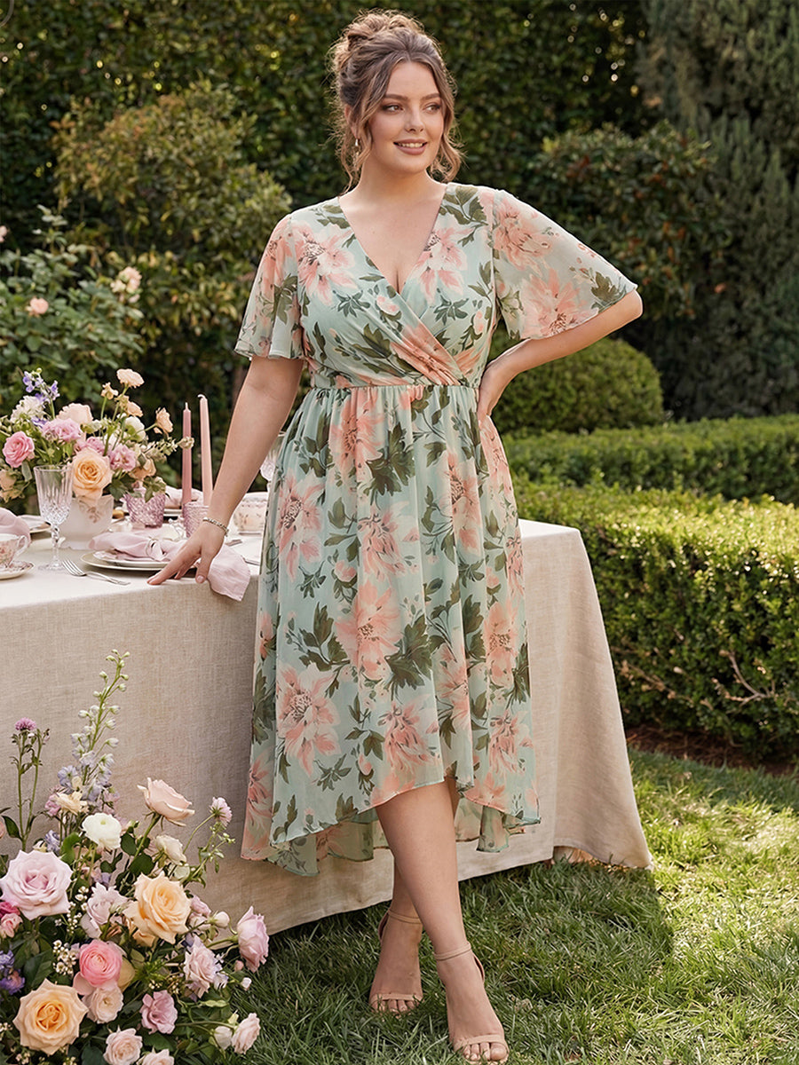 Robe D'invité De Mariage En Mousseline De Soie Mi-Longue Plissée à Manches à Volants Et Col En V #Couleur_Vert clair à fleurs