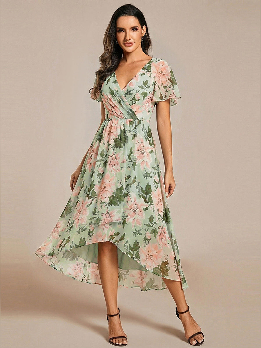 Robe D'invité De Mariage En Mousseline De Soie Mi-Longue Plissée à Manches à Volants Et Col En V #Couleur_Vert clair à fleurs