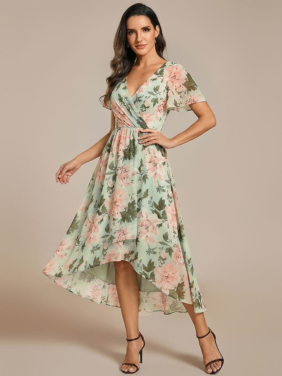 Robe D'invité De Mariage En Mousseline De Soie Mi-Longue Plissée à Manches à Volants Et Col En V #Couleur_Vert clair à fleurs
