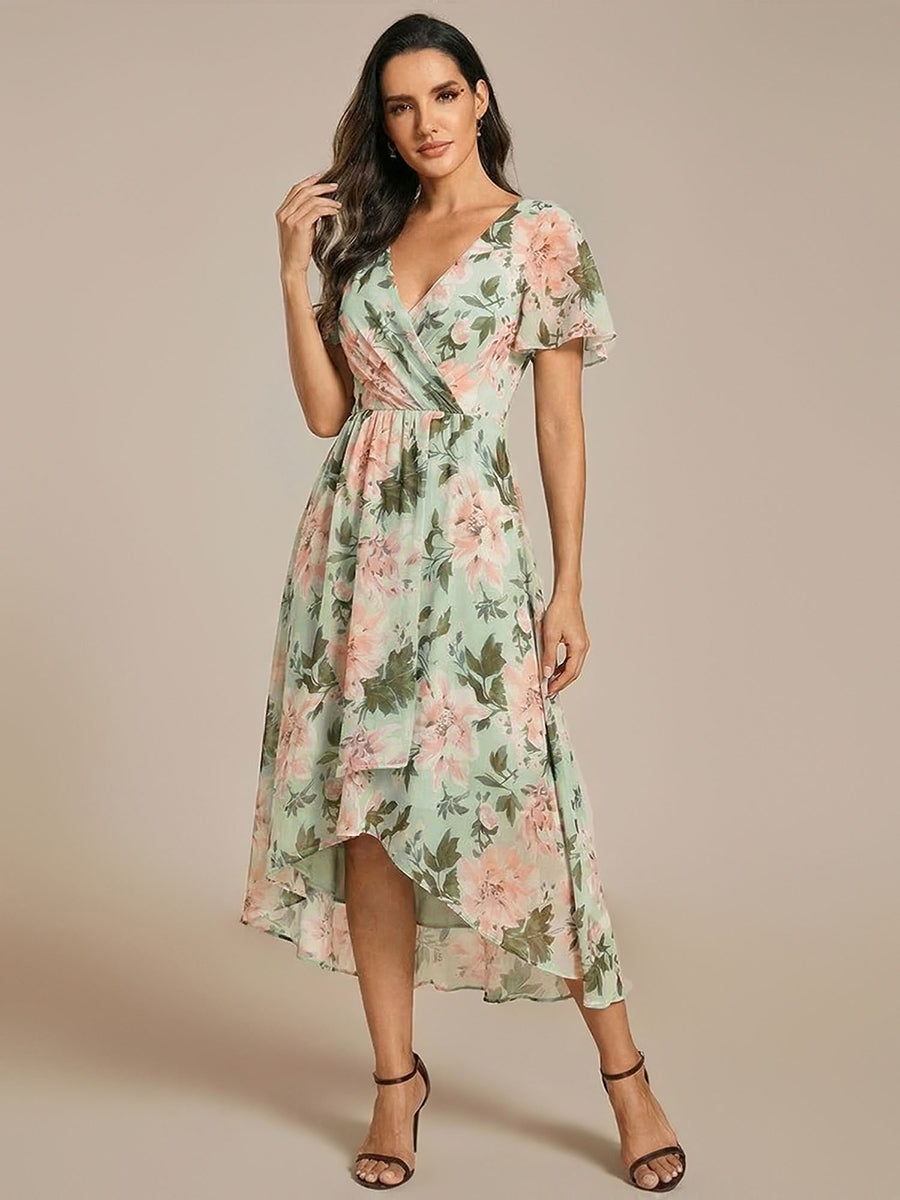 Robe D'invité De Mariage En Mousseline De Soie Mi-Longue Plissée à Manches à Volants Et Col En V #Couleur_Vert clair à fleurs