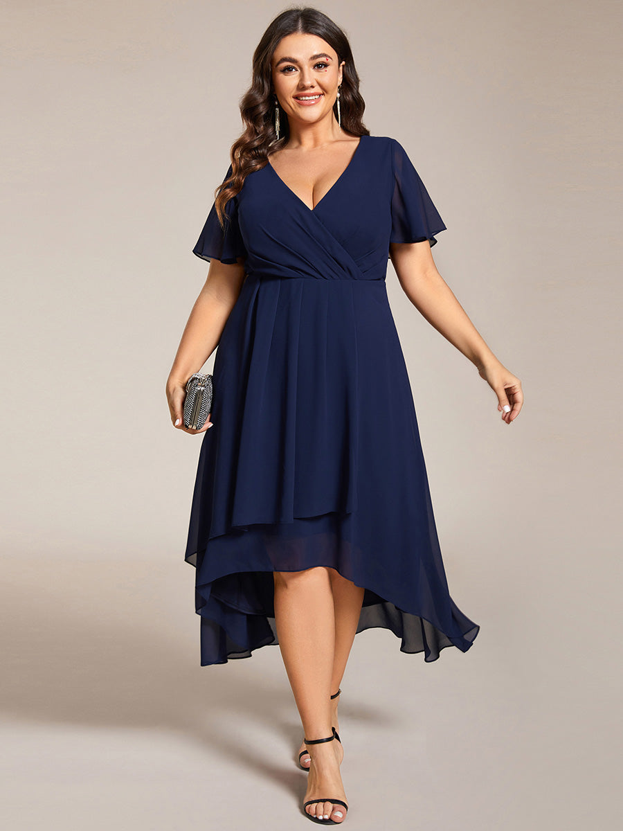 Robe D'invité De Mariage En Mousseline De Soie Mi-Longue Plissée à Manches à Volants Et Col En V #Couleur_Bleu Marine