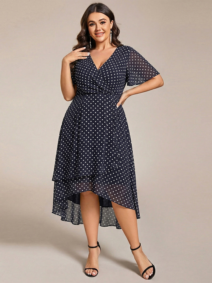 Robe D'invité De Mariage En Mousseline De Soie Mi-Longue Plissée à Manches à Volants Et Col En V #Couleur_Pois Noirs