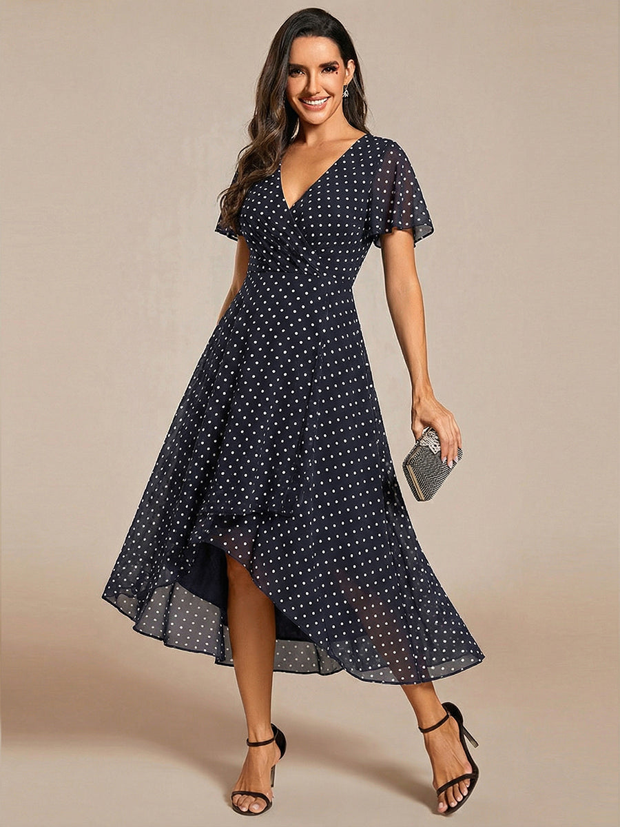 Robe D'invité De Mariage En Mousseline De Soie Mi-Longue Plissée à Manches à Volants Et Col En V #Couleur_Pois Noirs