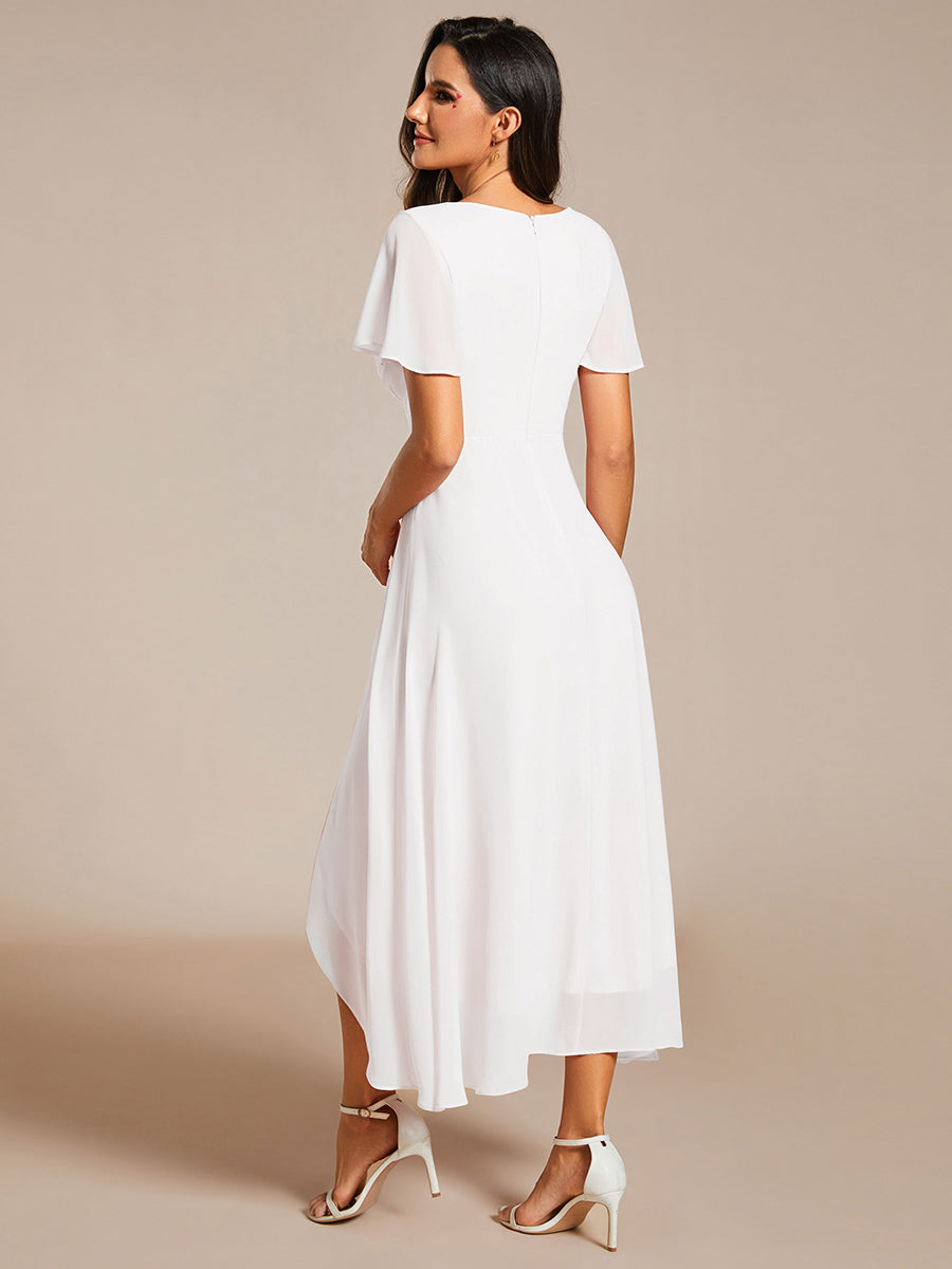 Robe D'invité De Mariage En Mousseline De Soie Mi-Longue Plissée à Manches à Volants Et Col En V #Couleur_Blanc