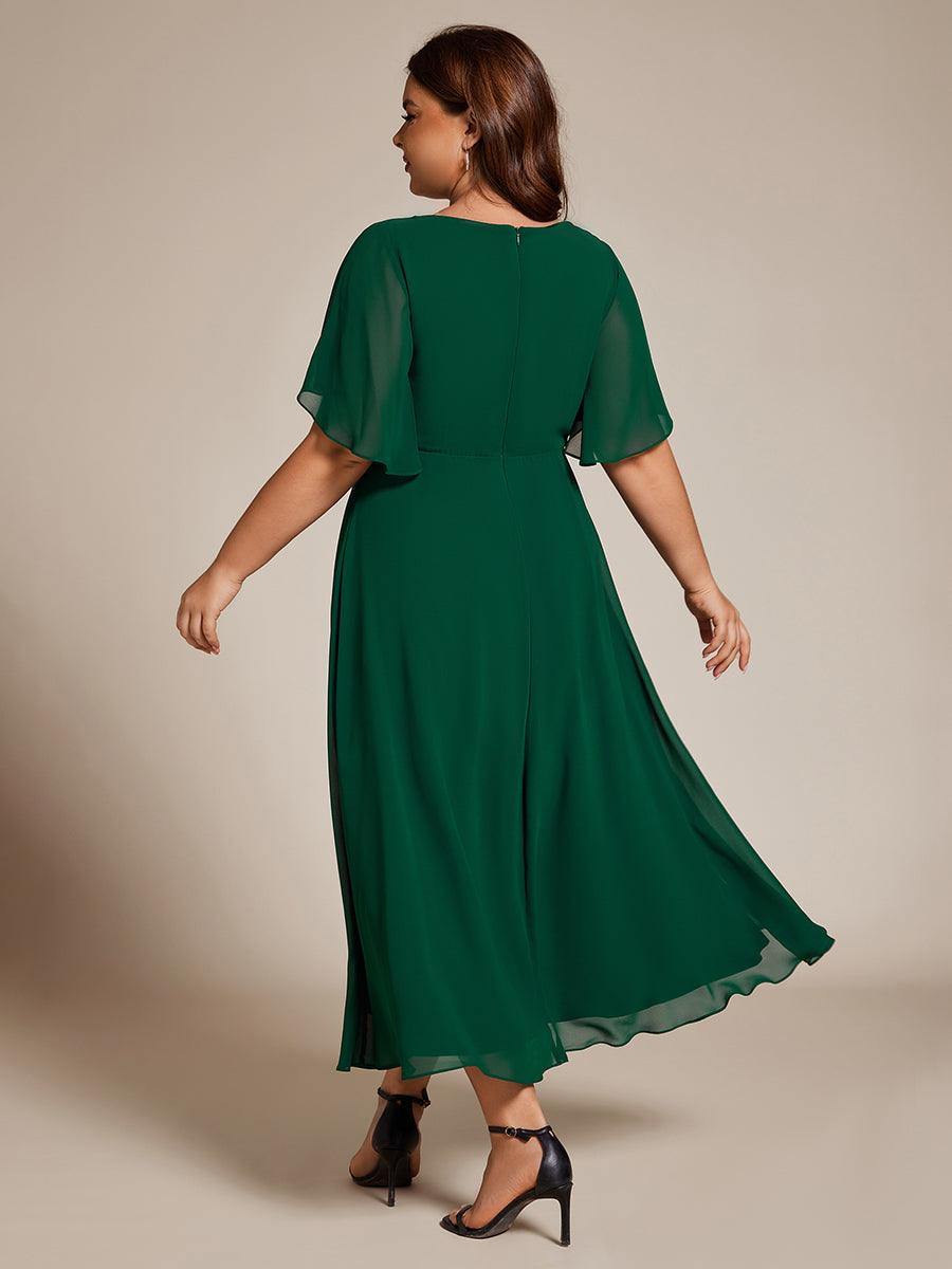 Robe d'invité de mariage mi-longue en mousseline de soie à col en V de grande taille avec applique à la taille #Couleur_Vert Fonce