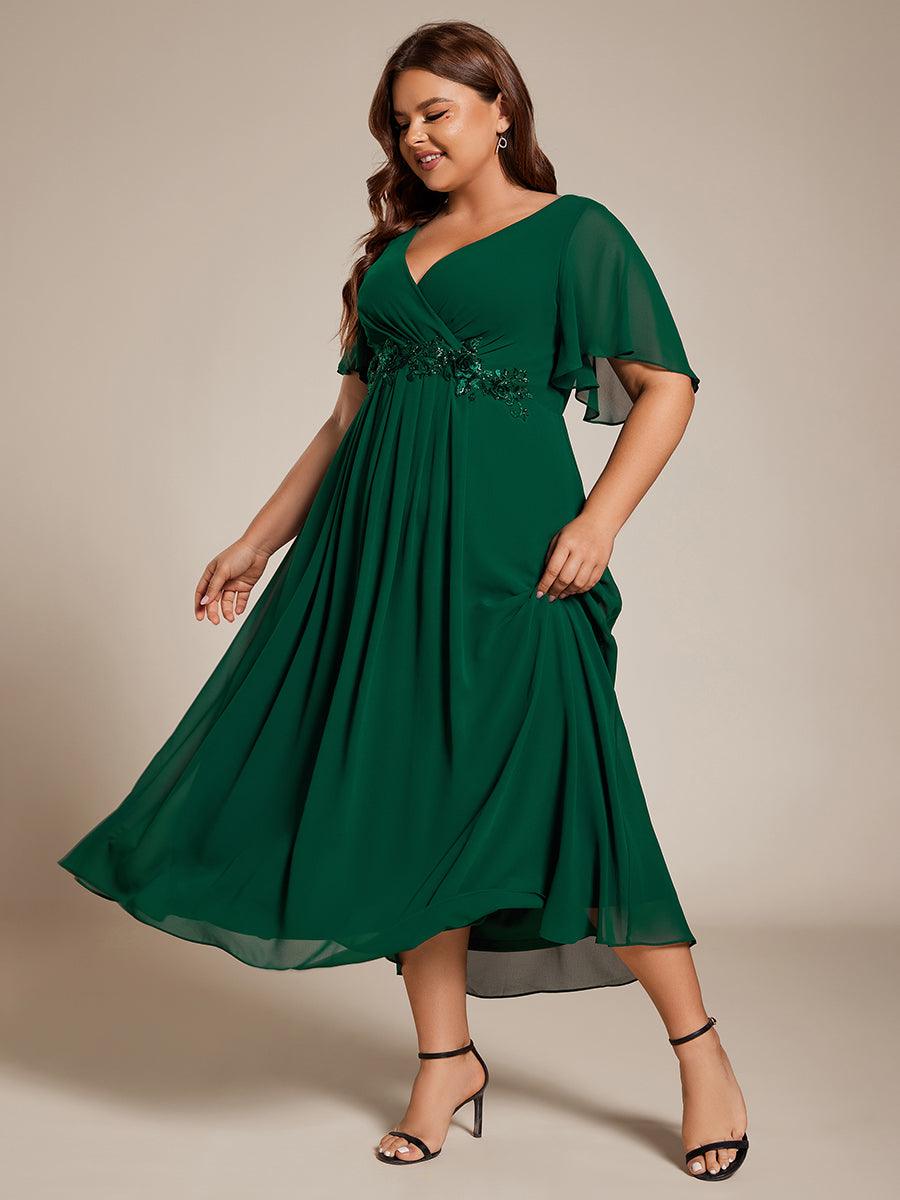 Robe d'invité de mariage mi-longue en mousseline de soie à col en V de grande taille avec applique à la taille #Couleur_Vert Fonce