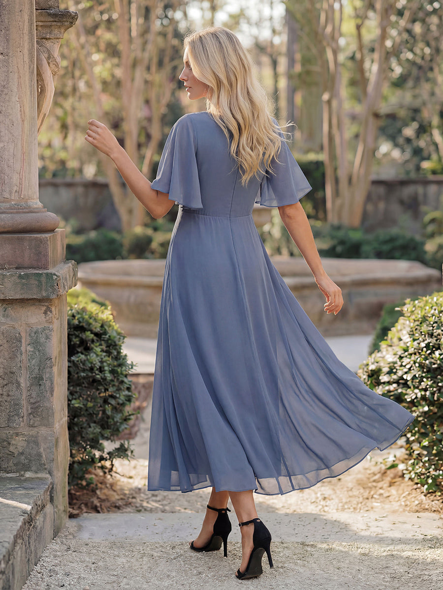 Robe d'invité de mariage mi-longue en mousseline à col en V avec appliques à la taille #Couleur_Marine Fume