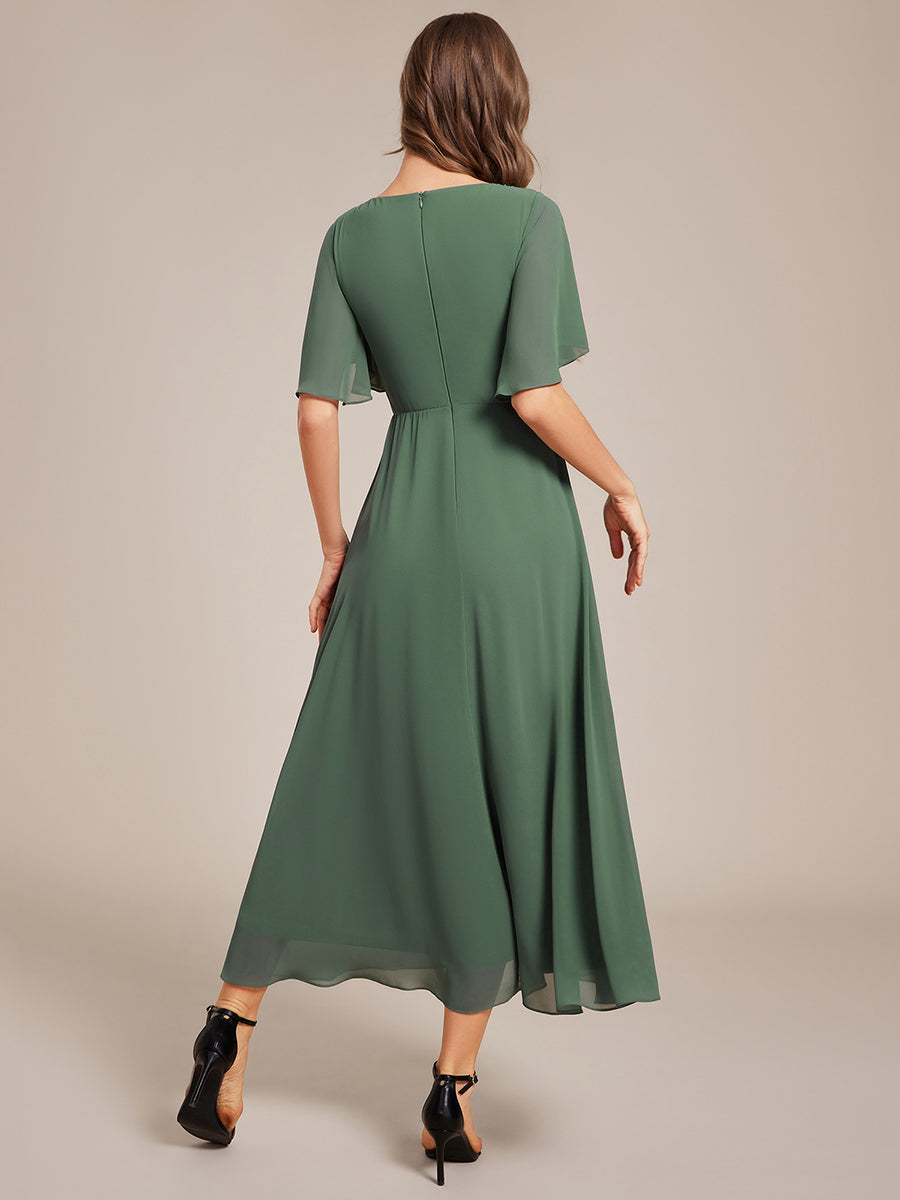 Robe d'invité de mariage mi-longue en mousseline de soie à col en V de grande taille avec applique à la taille #Couleur_Eucalyptus