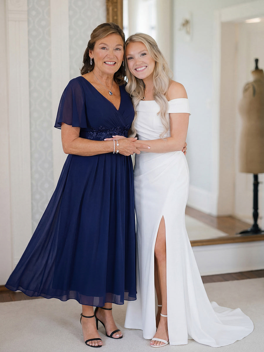 Robe d'invité de mariage mi-longue en mousseline à col en V avec appliques à la taille #Couleur_Bleu Marine