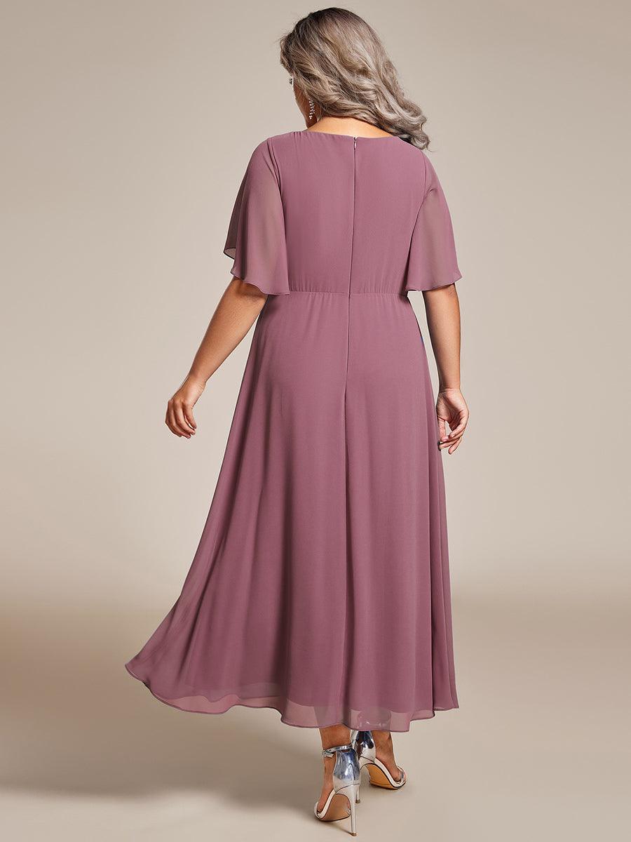 Robe d'invité de mariage mi-longue en mousseline de soie à col en V de grande taille avec applique à la taille #Couleur_Orchidee