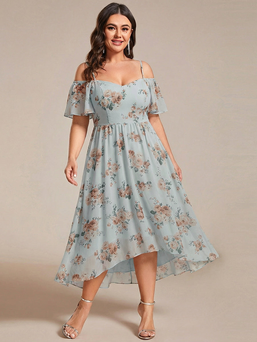 Robes d'invitées de mariage en mousseline  épaules dénudées  hautes et basses  manches courtes #Couleur_Floraison Ambrée