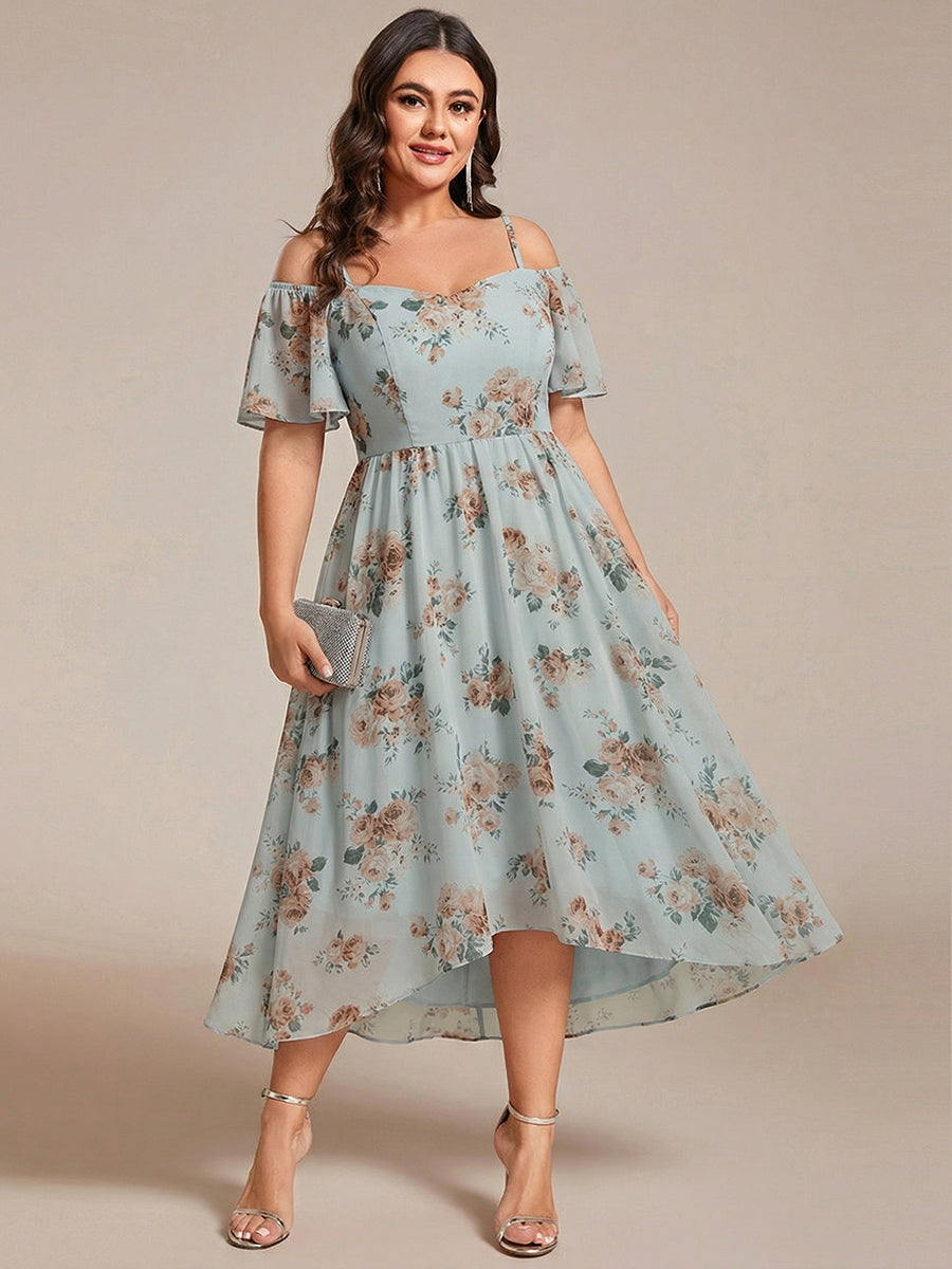 Robes d'invitées de mariage en mousseline  épaules dénudées  hautes et basses  manches courtes #Couleur_Floraison Ambrée