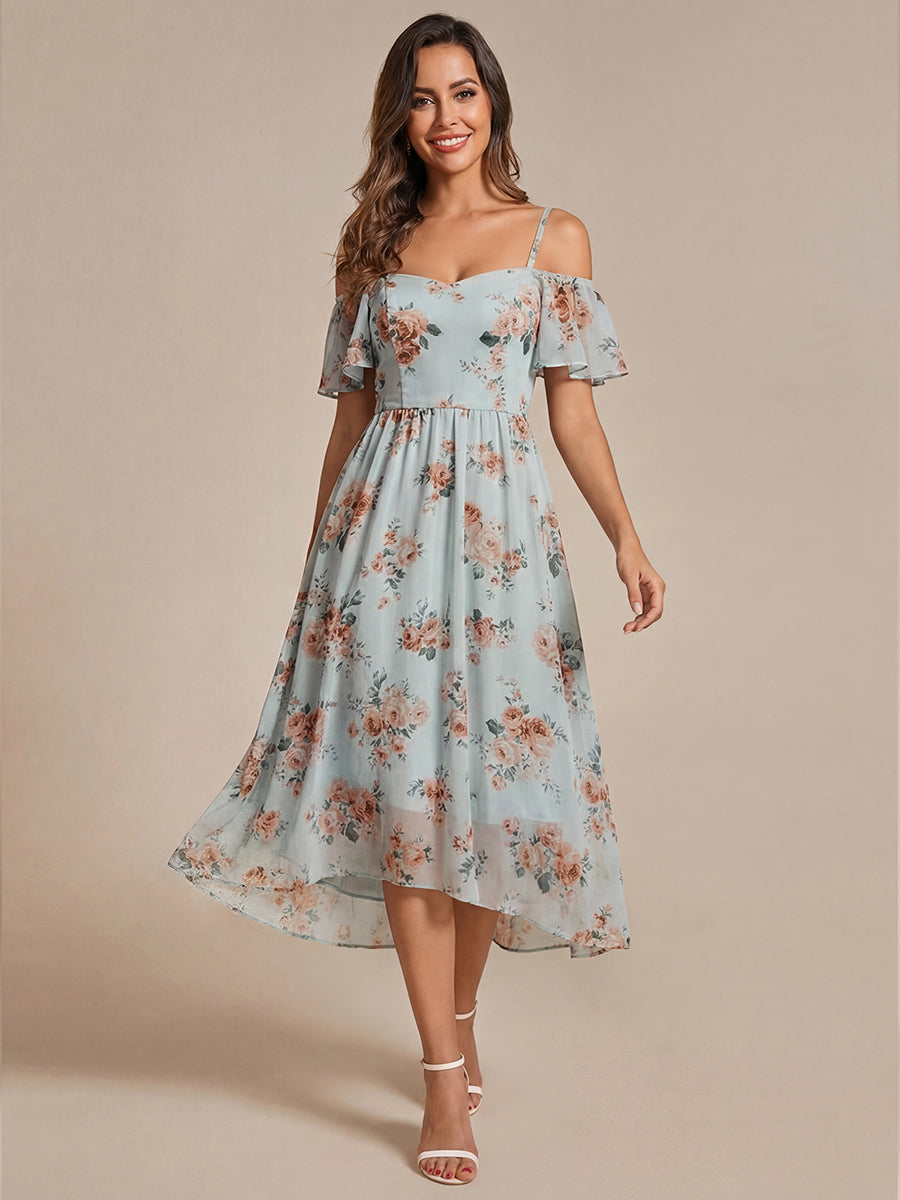 Robes d'invitées de mariage en mousseline  épaules dénudées  hautes et basses  manches courtes #Couleur_Floraison Ambrée
