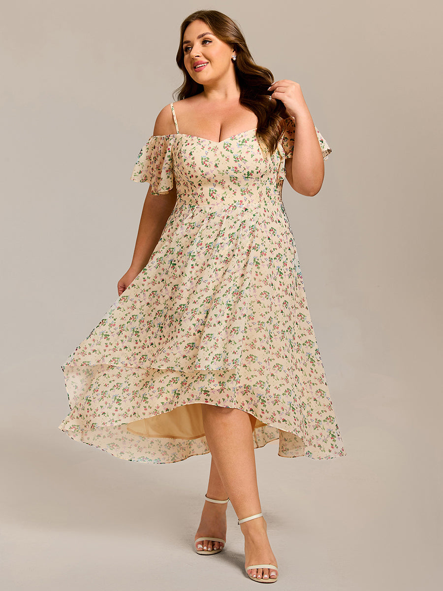 Robes d'invitées de mariage en mousseline  épaules dénudées  hautes et basses  manches courtes #Couleur_Imprimé abricot