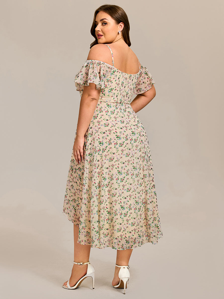 Robes d'invitées de mariage en mousseline  épaules dénudées  hautes et basses  manches courtes #Couleur_Imprimé abricot