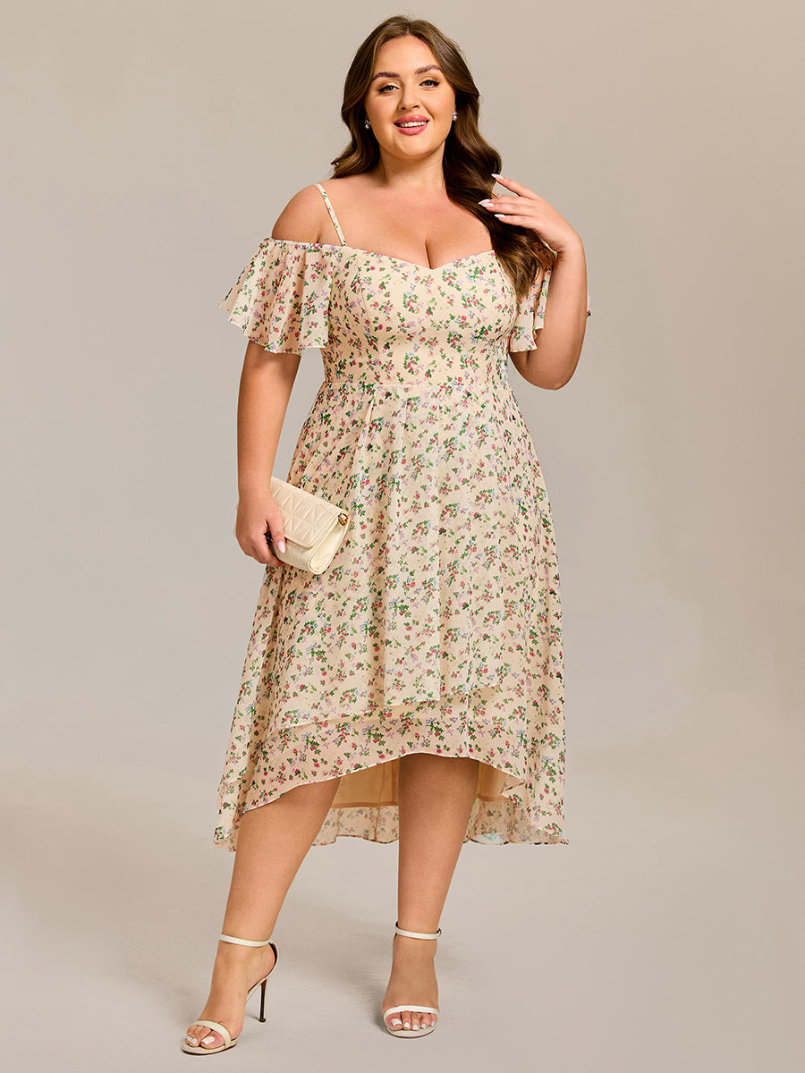 Robes d'invitées de mariage en mousseline  épaules dénudées  hautes et basses  manches courtes #Couleur_Imprimé abricot