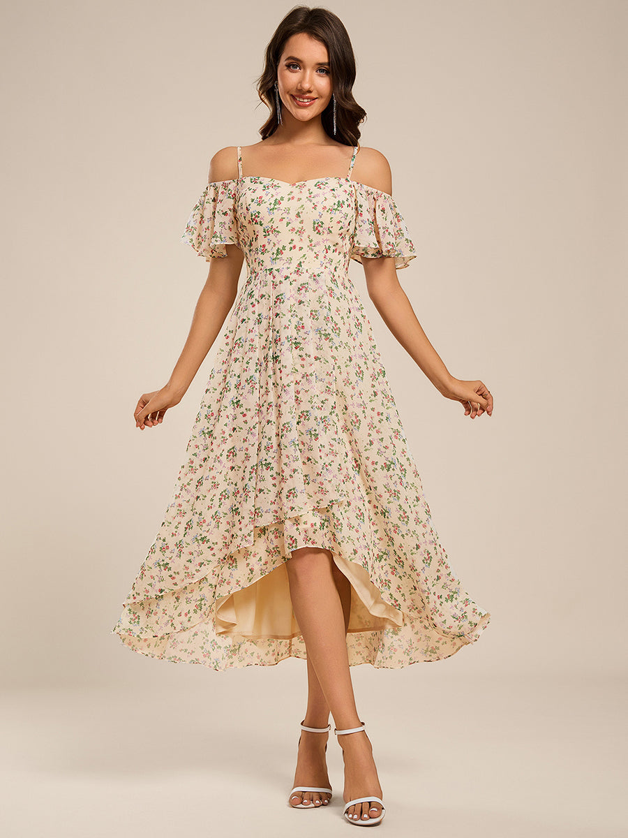 Robes d'invitées de mariage en mousseline  épaules dénudées  hautes et basses  manches courtes #Couleur_Imprimé abricot