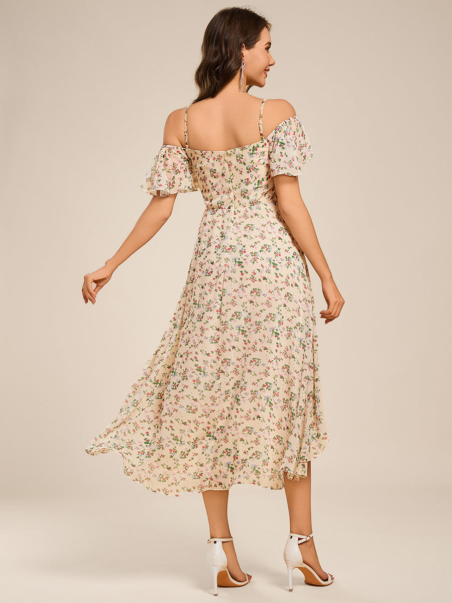 Robes d'invitées de mariage en mousseline  épaules dénudées  hautes et basses  manches courtes #Couleur_Imprimé abricot