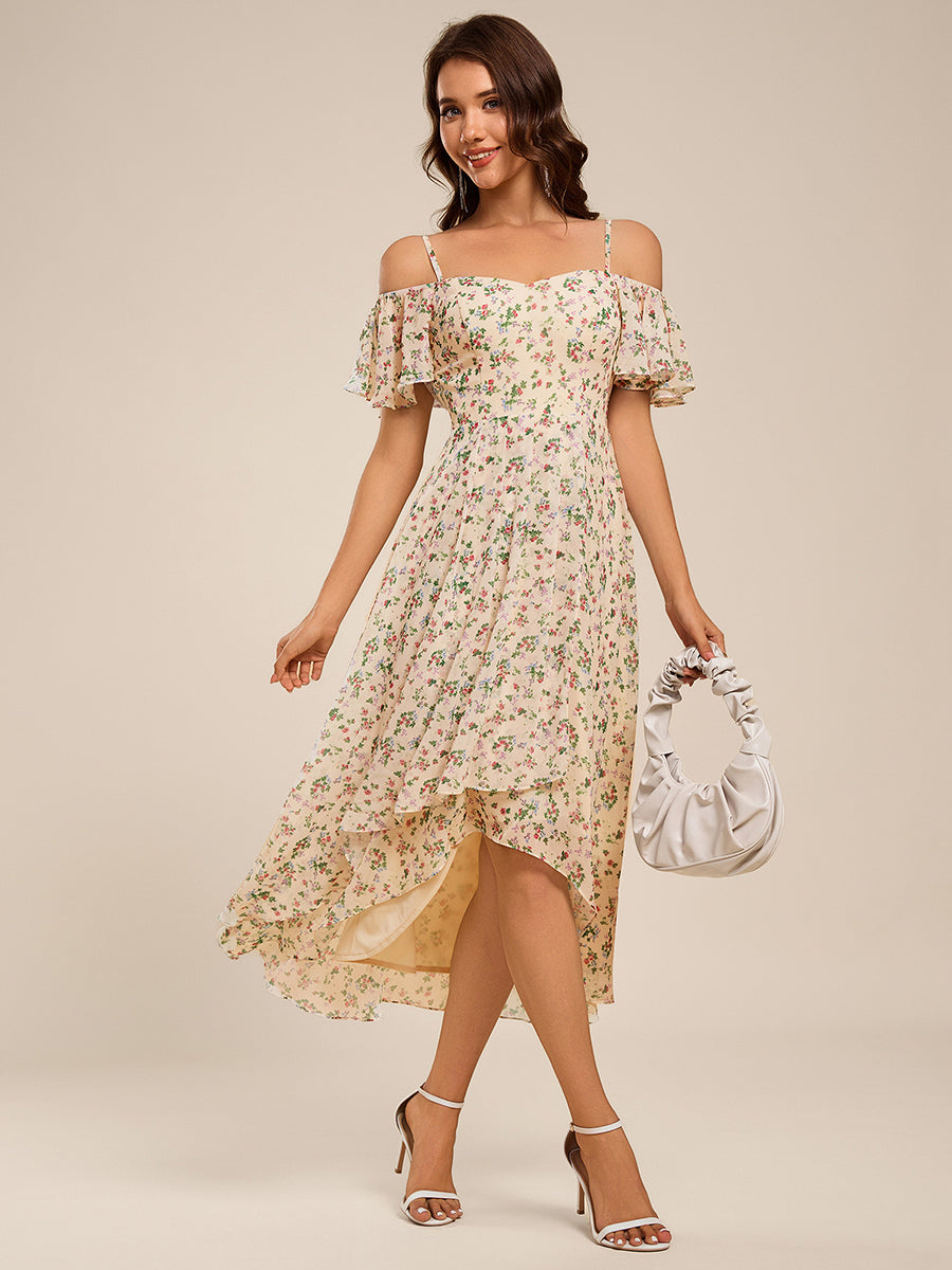 Robes d'invitées de mariage en mousseline  épaules dénudées  hautes et basses  manches courtes #Couleur_Imprimé abricot