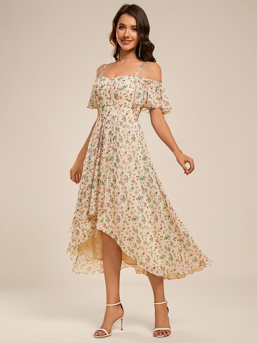 Robes d'invitées de mariage en mousseline  épaules dénudées  hautes et basses  manches courtes #Couleur_Imprimé abricot