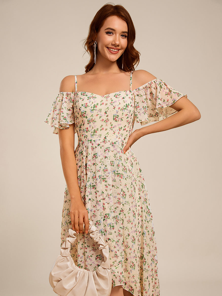 Robes d'invitées de mariage en mousseline  épaules dénudées  hautes et basses  manches courtes #Couleur_Imprimé abricot