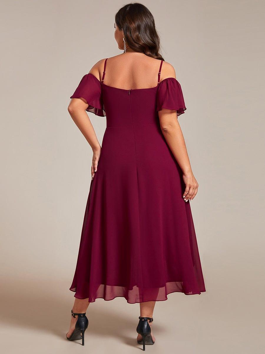 Robes d'invitées de mariage en mousseline, épaules dénudées, hautes et basses, manches courtes #Couleur_Bordeaux