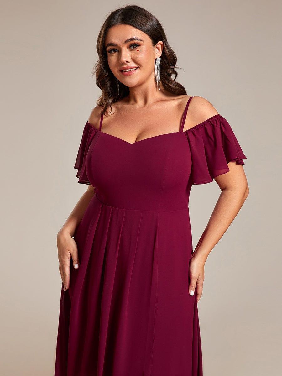 Robes d'invitées de mariage en mousseline, épaules dénudées, hautes et basses, manches courtes #Couleur_Bordeaux