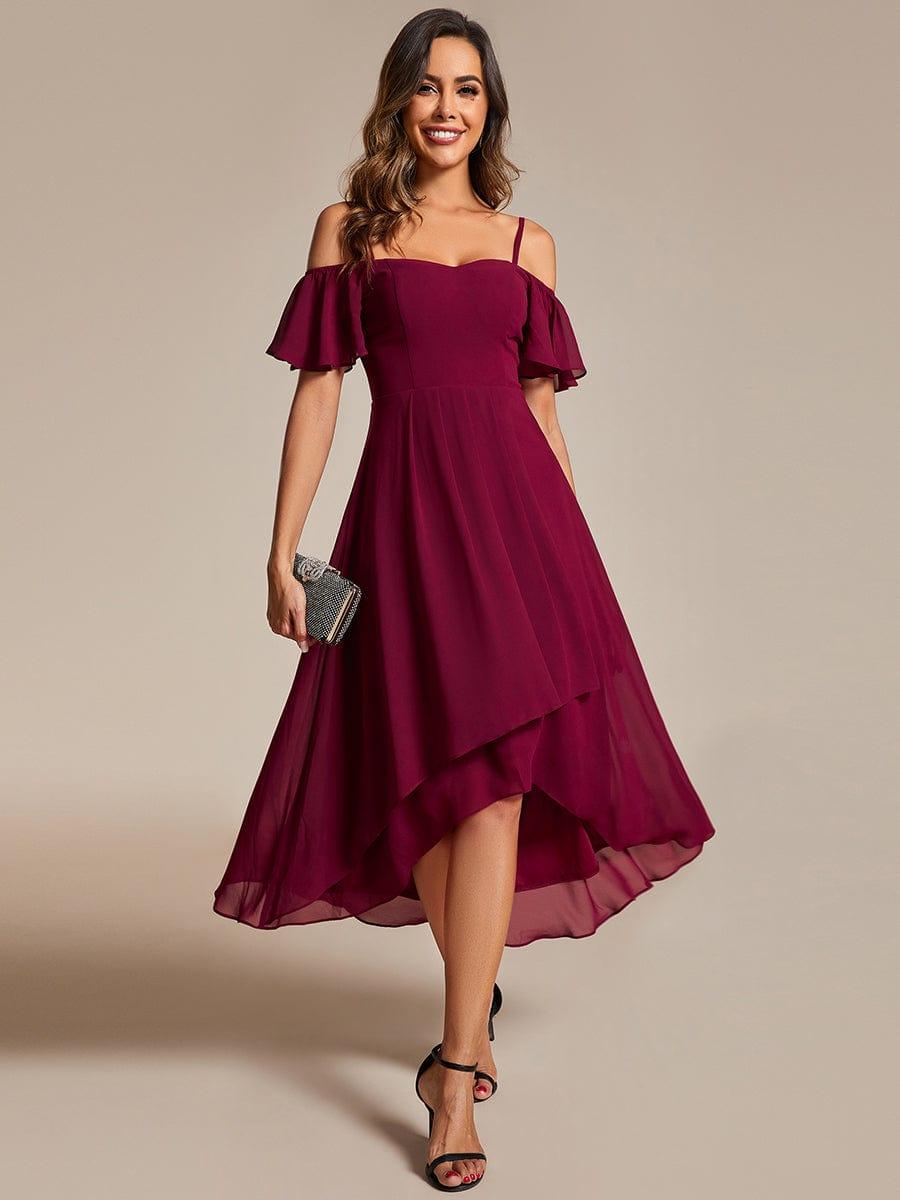 Robes d'invitées de mariage en mousseline, épaules dénudées, hautes et basses, manches courtes #Couleur_Bordeaux