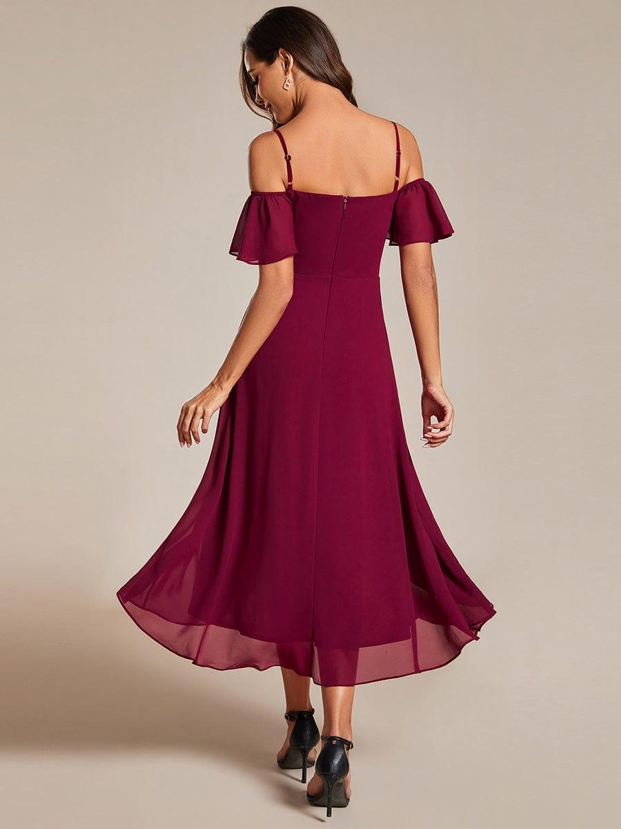 Robes d'invitées de mariage en mousseline, épaules dénudées, hautes et basses, manches courtes #Couleur_Bordeaux