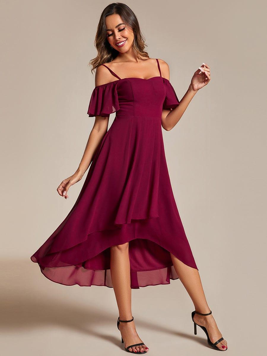 Robes d'invitées de mariage en mousseline, épaules dénudées, hautes et basses, manches courtes #Couleur_Bordeaux