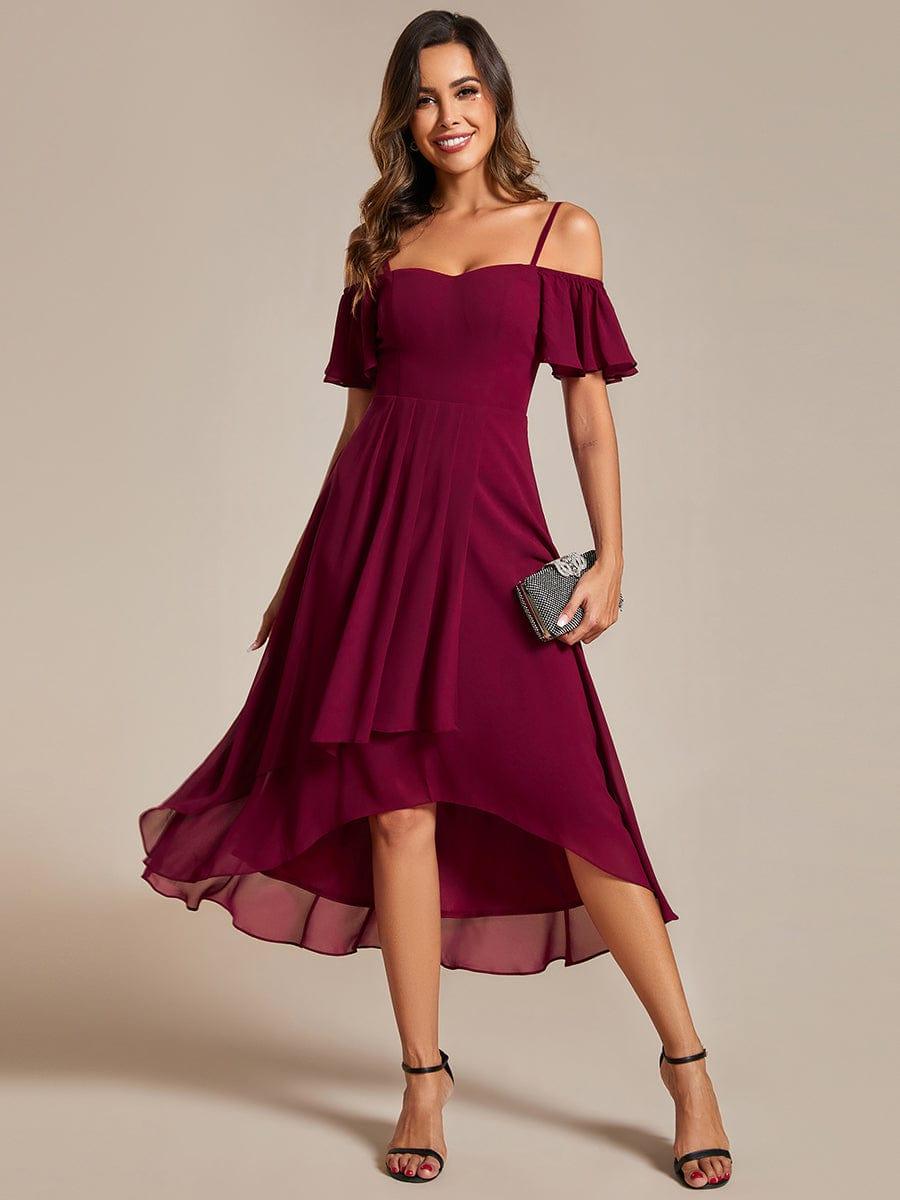 Robes d'invitées de mariage en mousseline, épaules dénudées, hautes et basses, manches courtes #Couleur_Bordeaux