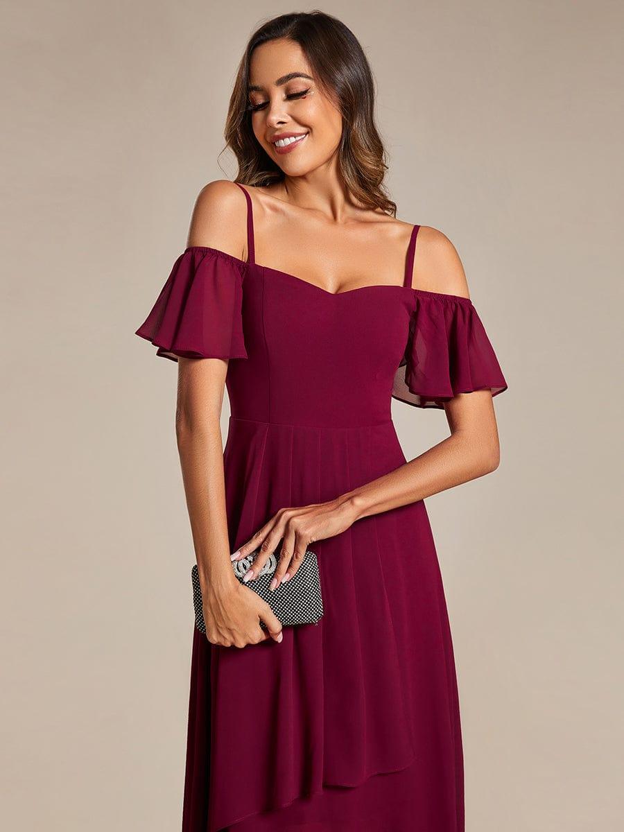Robes d'invitées de mariage en mousseline, épaules dénudées, hautes et basses, manches courtes #Couleur_Bordeaux