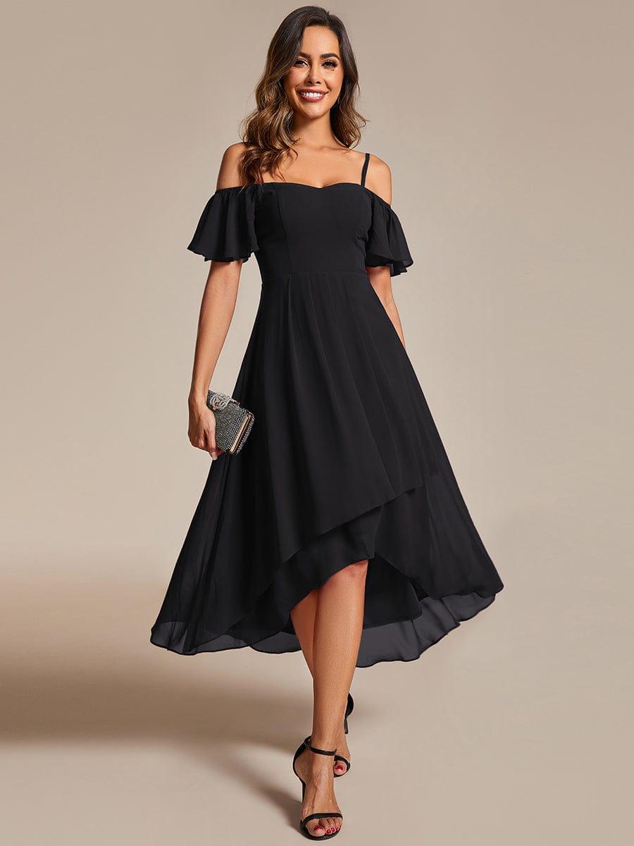 Robes d'invitées de mariage en mousseline, épaules dénudées, hautes et basses, manches courtes #Couleur_Noir