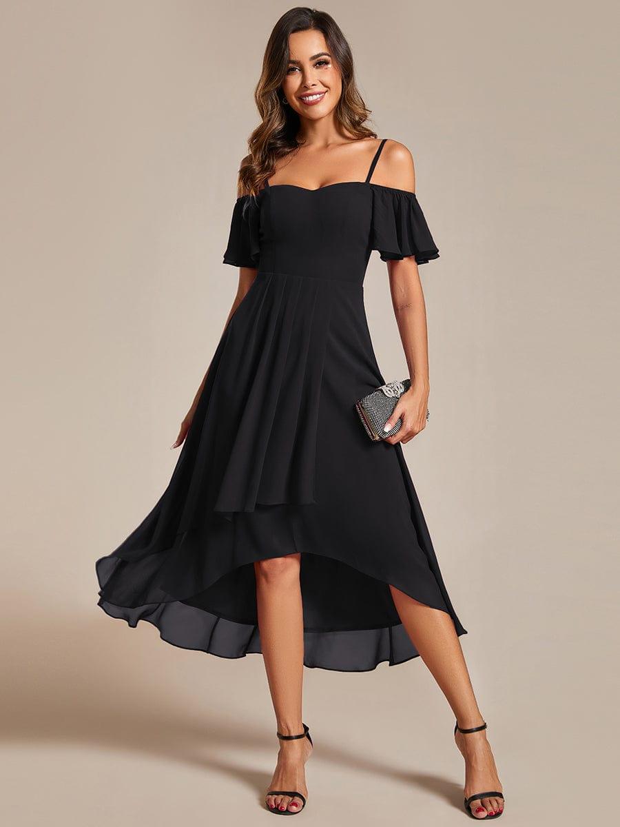 Robes d'invitées de mariage en mousseline, épaules dénudées, hautes et basses, manches courtes #Couleur_Noir